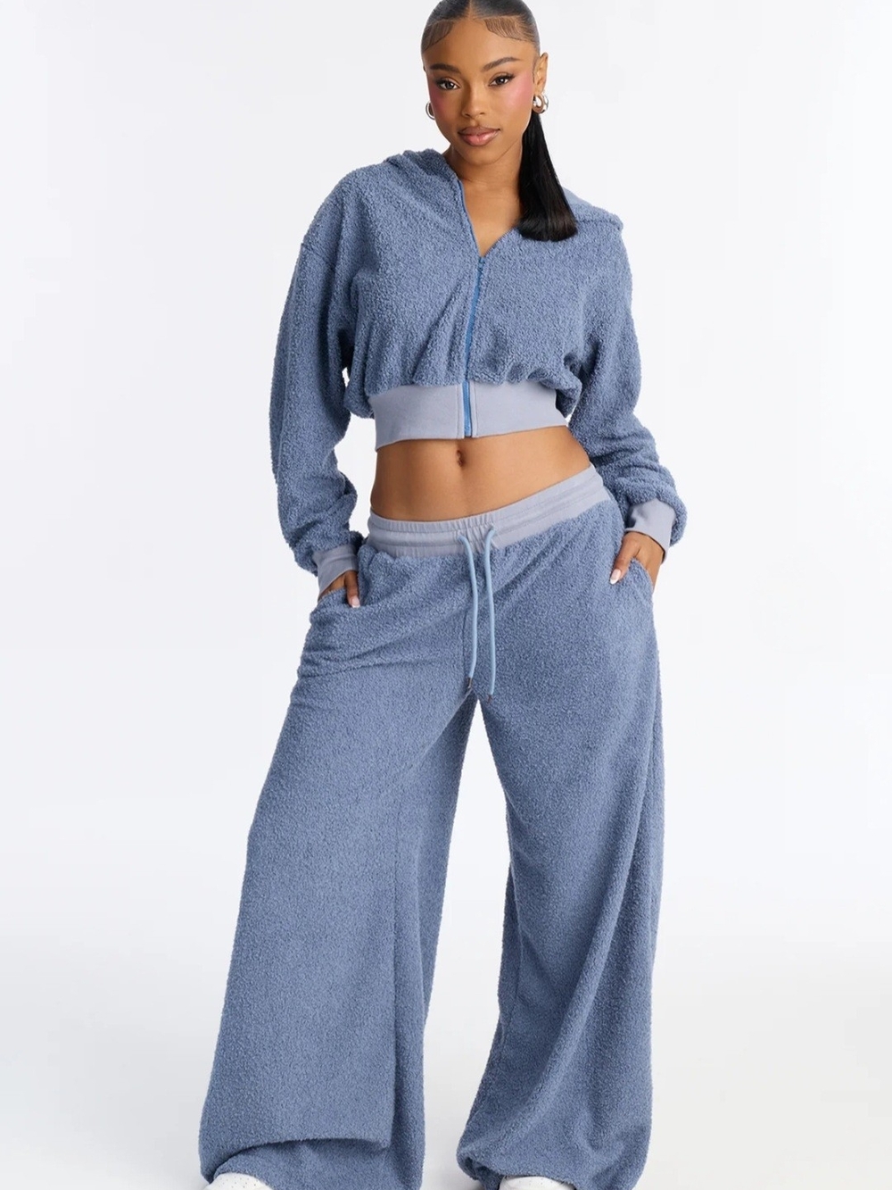 Fashion Nova Cozy Wide-Leg Sherpa Track Pants in Dusty Blue